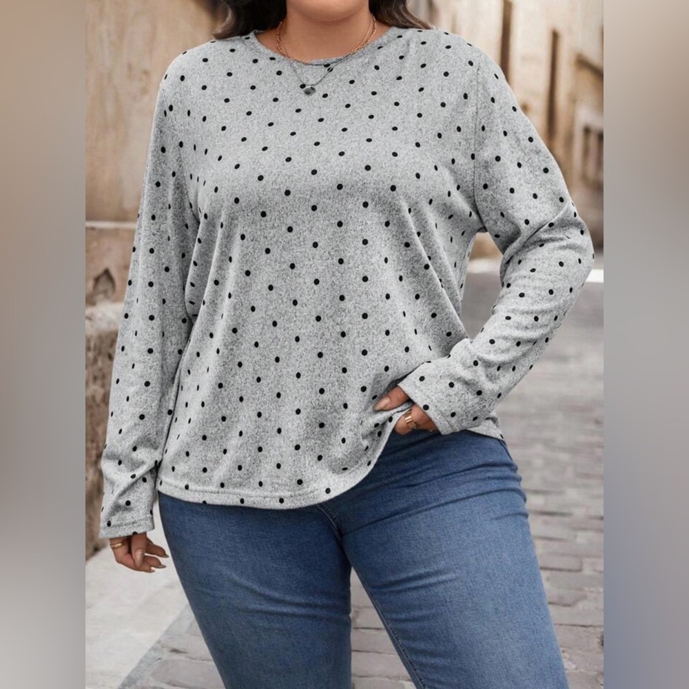 Shein Soft Gray Polka Dot Long-Sleeve Top